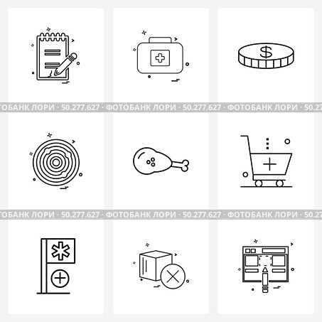 9 Universal Line Icon Pixel Perfect Symbols of targeting, purpose, first aid box, bulls eye, currency Vector Illustration. Стоковая иллюстрация, агентство Ingram Publishing / Фотобанк Лори