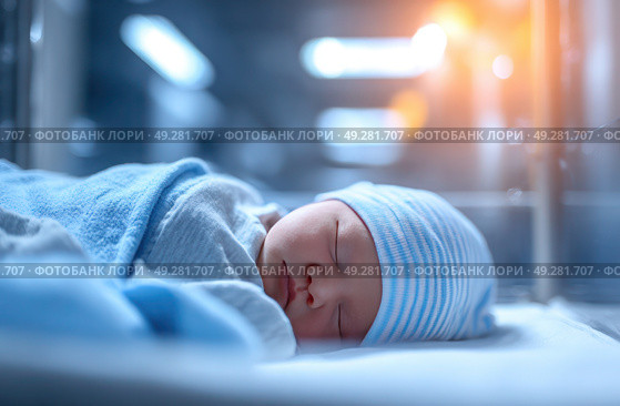 A baby is sleeping in a blue blanket with a blue hat on. Стоковое AI-изображение, AI-художник Ярославский Максим / Фотобанк Лори