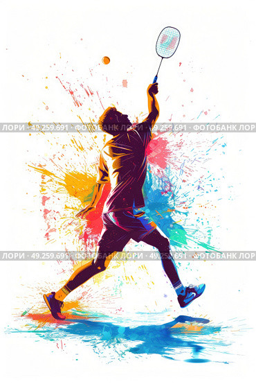A badminton player in motion, running swiftly while holding a racket, demonstrating speed and agility in a sports game. Стоковое AI-изображение, AI-художник Данила Большаков / Фотобанк Лори