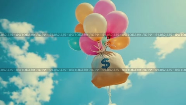 A bag with a dollar sign is lifted by colorful balloons against a bright blue sky with fluffy clouds. The scene conveys a sense of joy and financial success. Стоковое AI-видео, аниматор Nart / Фотобанк Лори