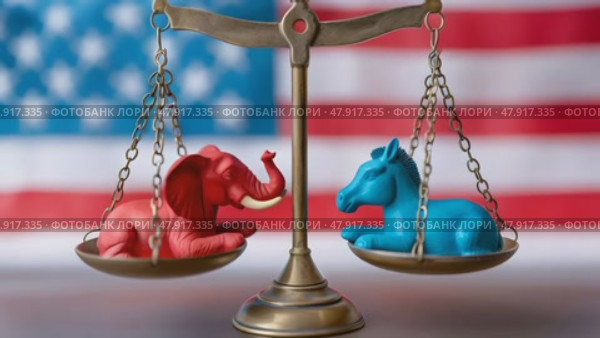 A balanced brass scales showcasing a red elephant and a blue donkey, symbols for the American Republican and Democrat parties, against a waving US flag background. Стоковое AI-видео, аниматор Михаил Строгалев / Фотобанк Лори
