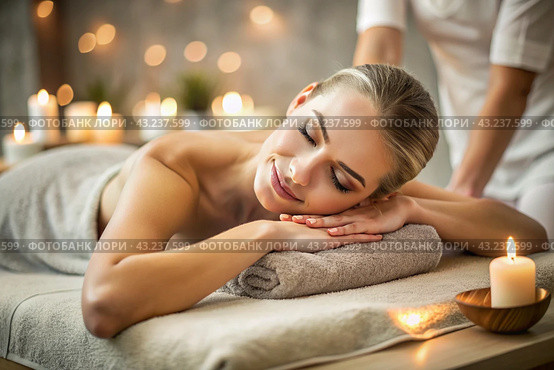 A banner for professional massage parlors. A young, beautiful blonde woman enjoys a massage in a modern spa by candlelight. Relaxation and harmony, body care. Стоковое AI-изображение, AI-художник Photojuli / Фотобанк Лори