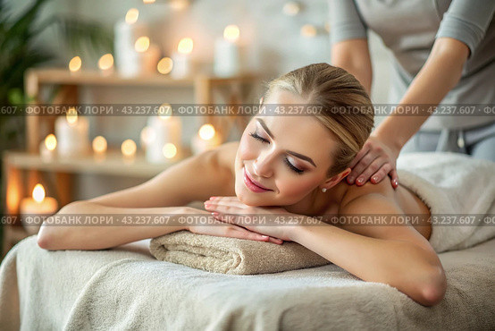 A banner for professional massage parlors. A young, beautiful blonde woman enjoys a massage in a modern spa by candlelight. Relaxation and harmony, body care. Стоковое AI-изображение, AI-художник Photojuli / Фотобанк Лори