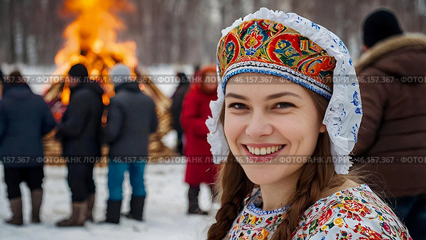 A banner for the Carnival holiday with space to copy. A girl in a traditional costume in close-up at Russian festivities. Стоковое AI-изображение, AI-художник Photojuli / Фотобанк Лори