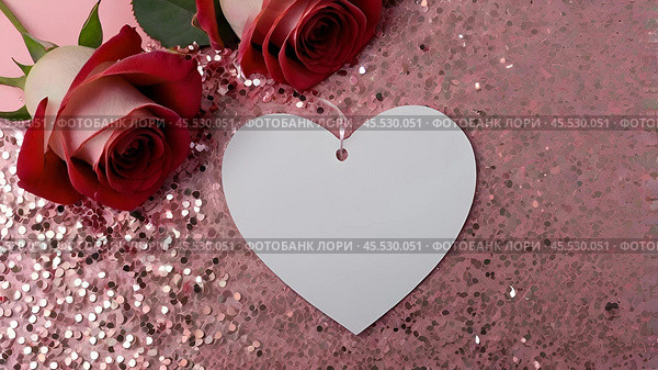 A banner for Valentine's Day. A red heart and roses with festive lights in the form of a side in the background. A mock-up of an invitation card for a Valentine's Day party, a place to copy. Стоковое AI-изображение, AI-художник Photojuli / Фотобанк Лори