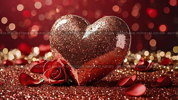 A banner for Valentine's Day. A red heart and roses with festive lights in the form of a side in the background. A mock-up of an invitation card for a Valentine's Day party, a place to copy. Стоковое AI-изображение, AI-художник Photojuli / Фотобанк Лори