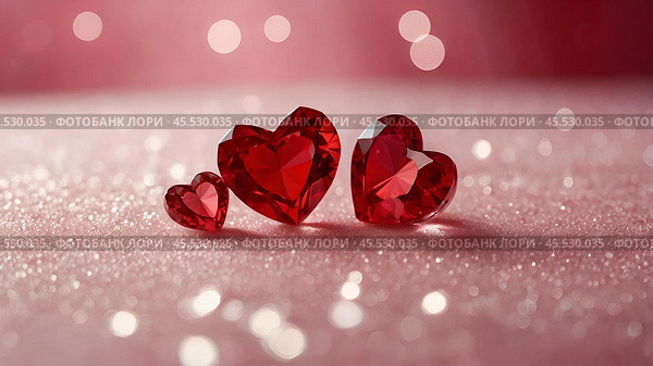 A banner for Valentine's Day. Crystal red hearts with festive lights in the form of a side in the background. A mock-up of an invitation card for a Valentine's Day party, a place to copy. Стоковое AI-изображение, AI-художник Photojuli / Фотобанк Лори