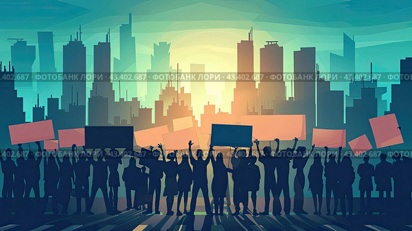 A banner with a crowd at a demonstration against the skyscrapers of the business district. The concept of freedom of speech. Стоковое AI-изображение, AI-художник Ярославский Максим / Фотобанк Лори