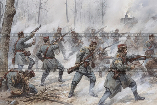 A battle scene in which soldiers in 19th century uniforms are fighting. They are wearing grey overcoats and caps with red trim, and are armed with rifles and bayonets. The battle takes place in a forest surrounded by smoke from gunfire. Some soldiers are attacking, while others are wounded or taking cover. The scene conveys the tension and chaos of combat. Стоковое AI-изображение, AI-художник Анна Кривицкая / Фотобанк Лори