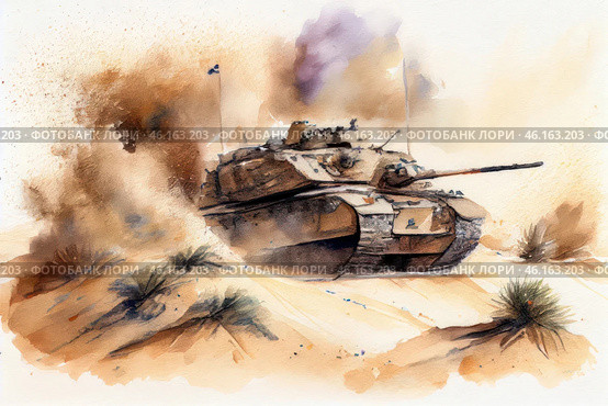 A battle tank moving through a sandy desert landscape. The tank kicks up a cloud of dust, creating a dynamic sense of movement and a tense atmosphere. The camouflage paintwork of the vehicle blends into the surrounding environment, and the hull shows signs of wear and tear. Flags are mounted on the turret of the tank, which may indicate its affiliation with a particular army. The background consists of dry plants and small bushes, emphasizing the harsh desert conditions. Стоковое AI-изображение, AI-художник Анна Кривицкая / Фотобанк Лори