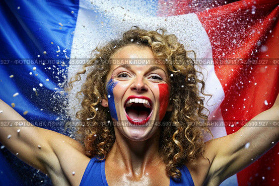 A beautiful athlete or cheerleader from France with joyful shouts after winning the competition at the Olympic Games against the background of the French flag. Стоковое AI-изображение, AI-художник Photojuli / Фотобанк Лори