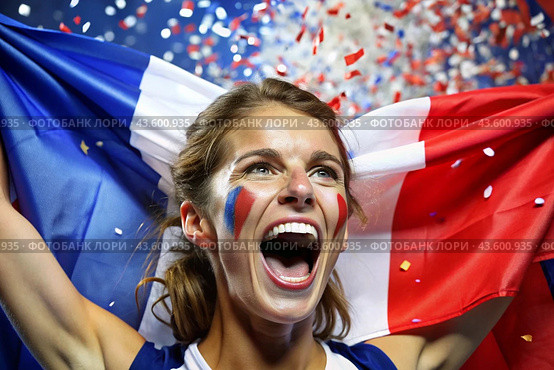 A beautiful athlete or cheerleader from France with joyful shouts after winning the competition at the Olympic Games against the background of the French flag. Стоковое AI-изображение, AI-художник Photojuli / Фотобанк Лори