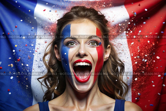 A beautiful athlete or cheerleader from France with joyful shouts after winning the competition at the Olympic Games against the background of the French flag. Стоковое AI-изображение, AI-художник Photojuli / Фотобанк Лори
