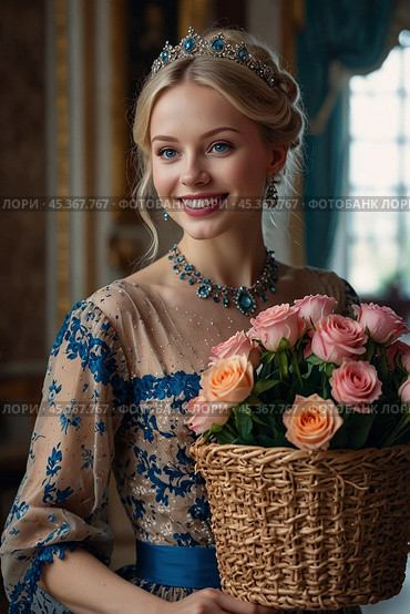 A beautiful blonde girl in a 19th century dress in an old palace. Стоковое AI-изображение, AI-художник Александр Поташев / Фотобанк Лори