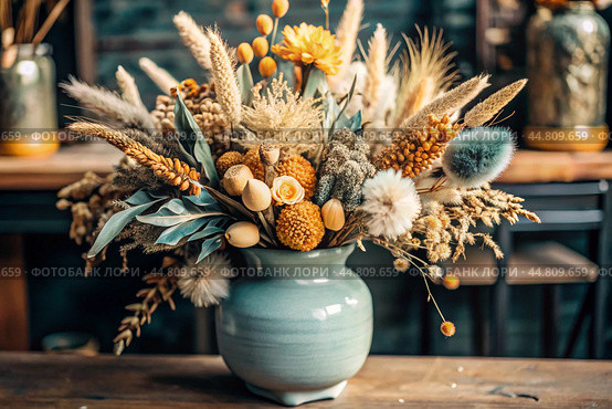 A beautiful bouquet of dried flowers in a ceramic vase on an antique wooden chest of drawers. A bouquet of flowers in a vase in a home interior. Light, beige, blue floral background. Стоковое AI-изображение, AI-художник Photojuli / Фотобанк Лори