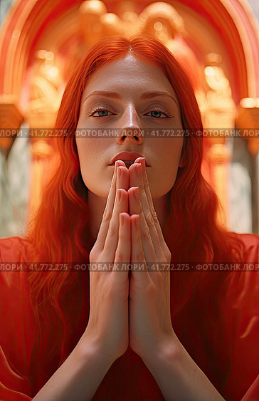A beautiful girl in a red shirt and with red hair folded her hands prayerfully in front of her face. Стоковое AI-изображение, AI-художник Ярославский Максим / Фотобанк Лори