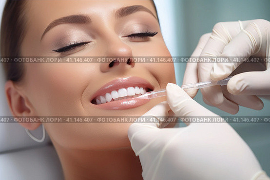 A beautiful girl is injected with botox in the lips. Стоковое AI-изображение, AI-художник Поликарпов Владимир Владимирович / Фотобанк Лори