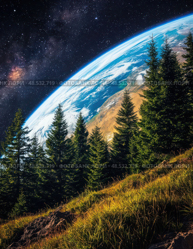 A beautiful image of a planet with trees surrounding it. Стоковое AI-изображение, AI-художник Ярославский Максим / Фотобанк Лори