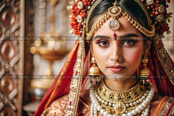 A beautiful Indian girl in a traditional Indian national costume, sari. Against the background of elephants. The portrait symbolizes the traditions, culture and beauty of the people of India. Стоковое AI-изображение, AI-художник Photojuli / Фотобанк Лори