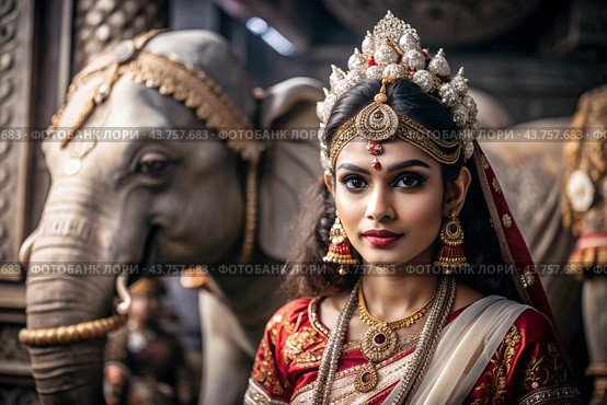 A beautiful Indian girl in a traditional Indian national costume, sari. Against the background of elephants. The portrait symbolizes the traditions, culture and beauty of the people of India. Стоковое AI-изображение, AI-художник Photojuli / Фотобанк Лори