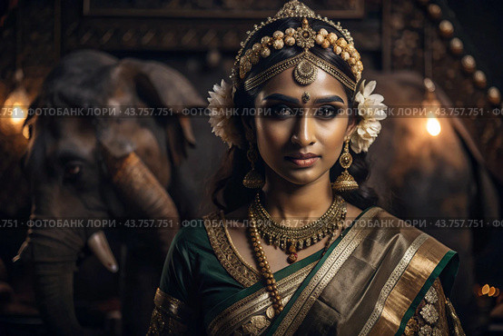 A beautiful Indian girl in a traditional Indian national costume, sari. Against the background of elephants. The portrait symbolizes the traditions, culture and beauty of the people of India. Стоковое AI-изображение, AI-художник Photojuli / Фотобанк Лори