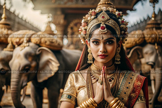 A beautiful Indian girl in a traditional Indian national costume, sari. Against the background of elephants. The portrait symbolizes the traditions, culture and beauty of the people of India. Стоковое AI-изображение, AI-художник Photojuli / Фотобанк Лори