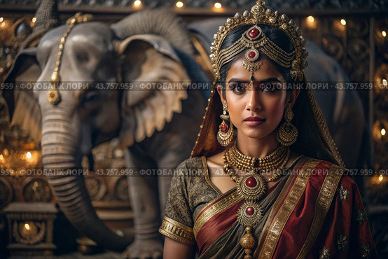 A beautiful Indian girl in a traditional Indian national costume, sari. Against the background of elephants. The portrait symbolizes the traditions, culture and beauty of the people of India. Стоковое AI-изображение, AI-художник Photojuli / Фотобанк Лори