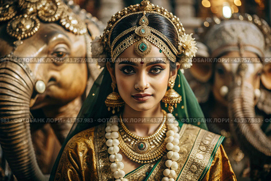 A beautiful Indian girl in a traditional Indian national costume, sari. Against the background of elephants. The portrait symbolizes the traditions, culture and beauty of the people of India. Стоковое AI-изображение, AI-художник Photojuli / Фотобанк Лори