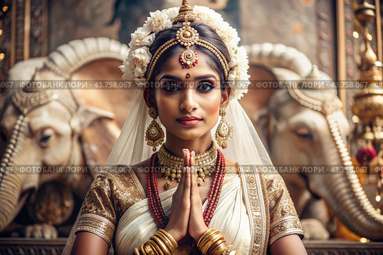 A beautiful Indian girl in a traditional Indian national costume, sari. Against the background of elephants. The portrait symbolizes the traditions, culture and beauty of the people of India. Стоковое AI-изображение, AI-художник Photojuli / Фотобанк Лори