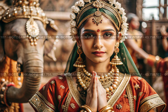 A beautiful Indian girl in a traditional Indian national costume, sari. Against the background of elephants. The portrait symbolizes the traditions, culture and beauty of the people of India. Стоковое AI-изображение, AI-художник Photojuli / Фотобанк Лори