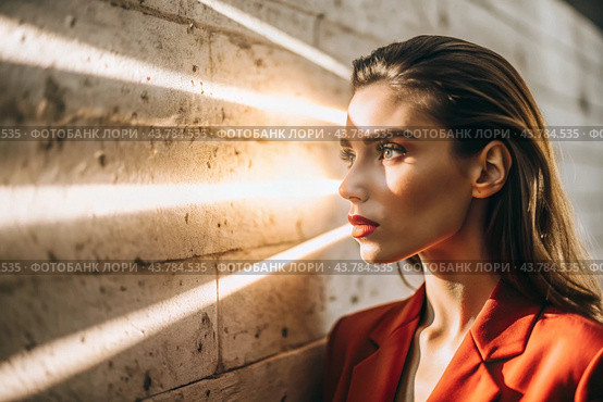 A beautiful minimalistic portrait of a stylish woman against a concrete wall with contrasting lighting. Banner, advertisement. Стоковое AI-изображение, AI-художник Photojuli / Фотобанк Лори