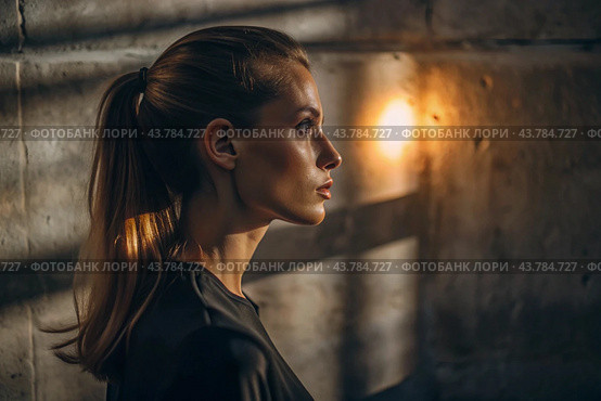 A beautiful minimalistic portrait of a stylish woman against a concrete wall with contrasting lighting. Banner, advertisement. Стоковое AI-изображение, AI-художник Photojuli / Фотобанк Лори