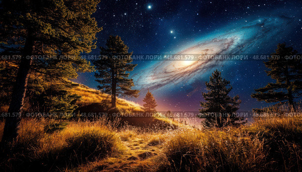 A beautiful night sky with a large spiral galaxy in the center. Стоковое AI-изображение, AI-художник Ярославский Максим / Фотобанк Лори
