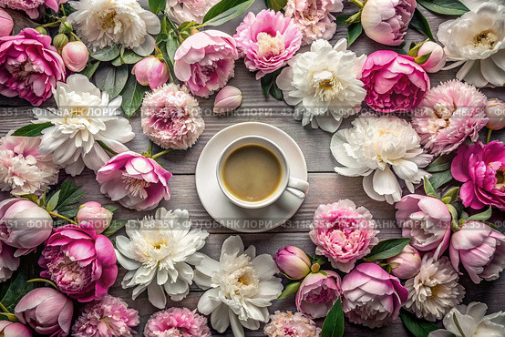 A beautiful postcard. A coffee cup with a saucer and white, pink peonies. A beautiful still life. Spring, summer time. The concept of "Good morning". Стоковое AI-изображение, AI-художник Photojuli / Фотобанк Лори