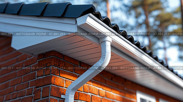 A beautiful red brick house features a sleek roof and a clean guttering system, surrounded by trees in a serene environment on a sunny day. Стоковое AI-изображение, AI-художник Данила Большаков / Фотобанк Лори