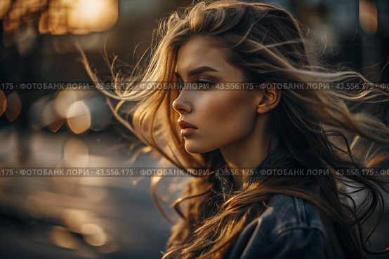 A beautiful, young woman with a thoughtful look. The hair develops in the wind and gives a feeling of lightness and naturalness. Стоковое AI-изображение, AI-художник Photojuli / Фотобанк Лори