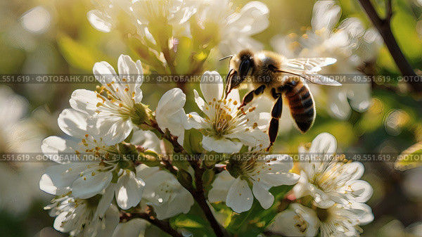 A bee collecting nectar on a blooming apple tree in close-up. Macro photography. Natural food. The disappearance of bees. Стоковое AI-изображение, AI-художник Photojuli / Фотобанк Лори