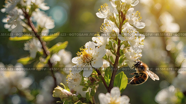 A bee collecting nectar on a blooming apple tree in close-up. Macro photography. Natural food. The disappearance of bees. Стоковое AI-изображение, AI-художник Photojuli / Фотобанк Лори