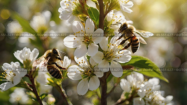 A bee collecting nectar on a blooming apple tree in close-up. Macro photography. Natural food. The disappearance of bees. Стоковое AI-изображение, AI-художник Photojuli / Фотобанк Лори