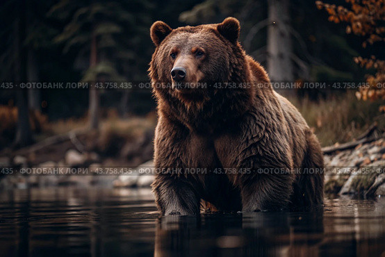 A big brown bear in the lake is hunting for fish. Animal hunting. Poaching. Стоковое AI-изображение, AI-художник Photojuli / Фотобанк Лори