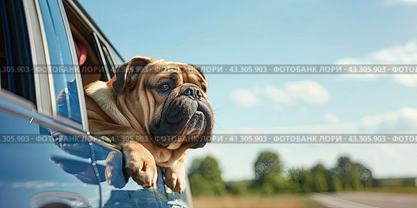 A big bulldog leans out of the car window and looks in front of him. Стоковое AI-изображение, AI-художник Ярославский Максим / Фотобанк Лори