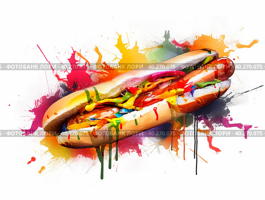 A big juicy hot dog in the style of graffiti. Стоковое AI-изображение, AI-художник Ярославский Максим / Фотобанк Лори