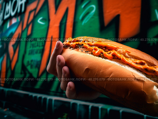 A big juicy hot dog in the style of graffiti. Стоковое AI-изображение, AI-художник Ярославский Максим / Фотобанк Лори