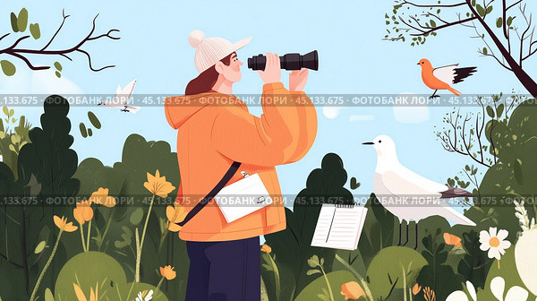 A birdwatcher observing nature while taking notes in a colorful park filled with blooming flowers and various birds on a sunny day. Стоковое AI-изображение, AI-художник Сергей Толмачёв / Фотобанк Лори
