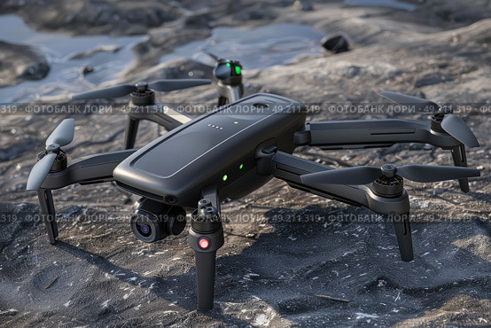 A black and gray remote-controlled flying device in action. Стоковое AI-изображение, AI-художник Данила Большаков / Фотобанк Лори