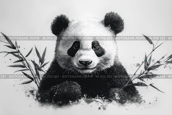 A black and white graphic illustration of a panda, done in a detailed artistic style. The panda is depicted frontally, with a kind and slightly curious expression on its face. Its fur is carefully drawn with fine lines and shading, which gives texture and depth to the image. Bamboo branches grow around the panda, adding an oriental flavor and emphasizing the animal's natural habitat. The composition is harmonious, with a balance between realism and artistic expression. Стоковое AI-изображение, AI-художник Анна Кривицкая / Фотобанк Лори