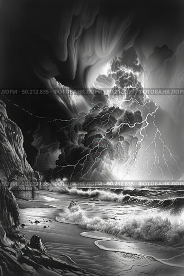 A black and white scene capturing a storm brewing ominously over a vast ocean, with dark clouds swirling above the turbulent waters. Стоковое AI-изображение, AI-художник Данила Большаков / Фотобанк Лори