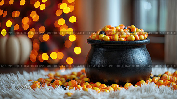 A black cauldron overflows with vibrant candy corn, surrounded by a cozy rug and orange lights, creating a warm and inviting fall atmosphere. Стоковое AI-изображение, AI-художник Данила Большаков / Фотобанк Лори