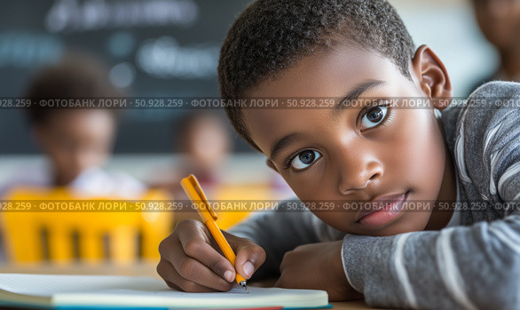 A black child writes in a notebook at school or in the library. A young student leaning on a table and making notes in a notebook, learning as a child and concentrating on the lesson. Стоковое AI-изображение, AI-художник Анна Чижова / Фотобанк Лори