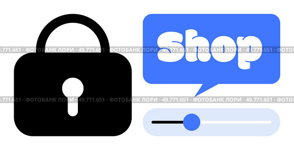 A black padlock representing security is displayed next to a speech bubble with the word Shop and a toggle button. Ideal for e-commerce, online safety, cybersecurity, digital transactions, and web. E-commerce Security and Online Shopping with Lock Symbol and Toggle Button. Стоковая иллюстрация, агентство Ingram Publishing / Фотобанк Лори